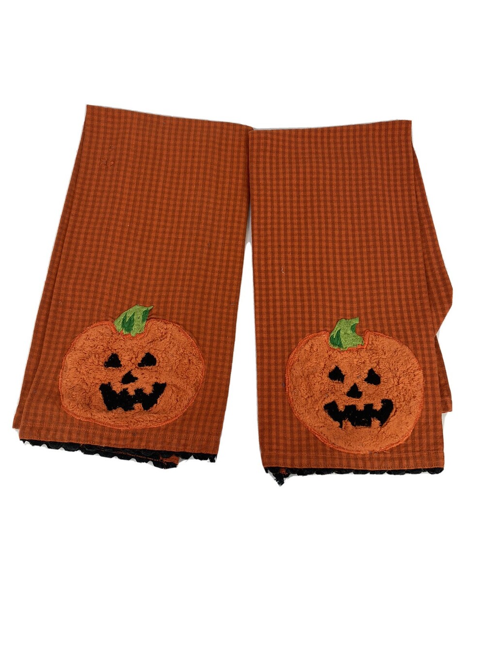 VTG Set Pair 24.5" Kitchen Hand Dish Towels Halloween Black Orange Plaid JOL
